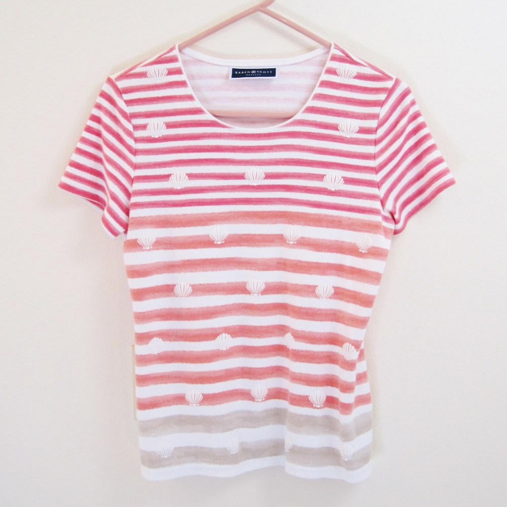 Karen Scott Petites-Sea Shells Ombre Top-T-Shirt-M